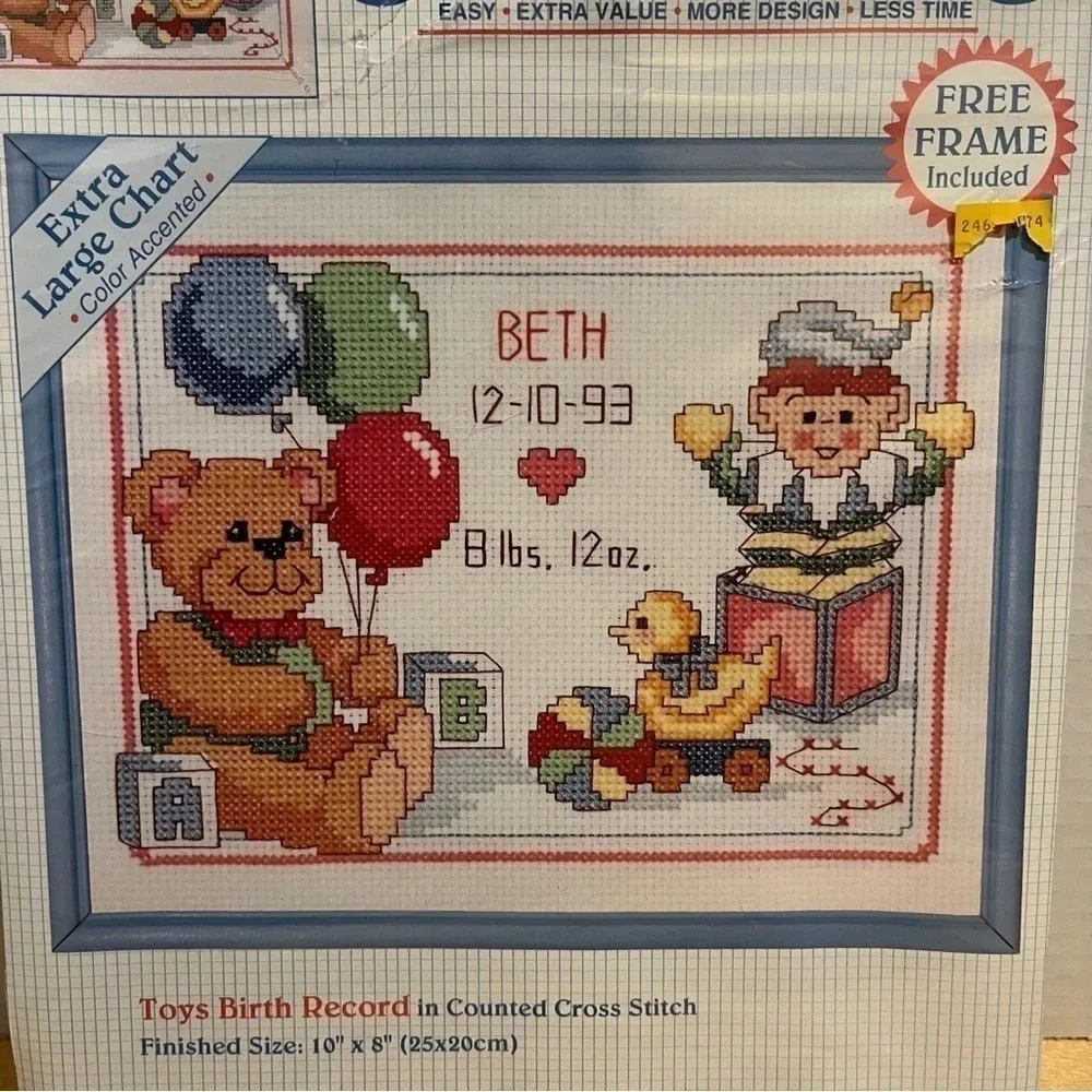 Stitchables Cross Stitch Kit Baby Birth Record 10x8 Thread Fabric Frame Pattern